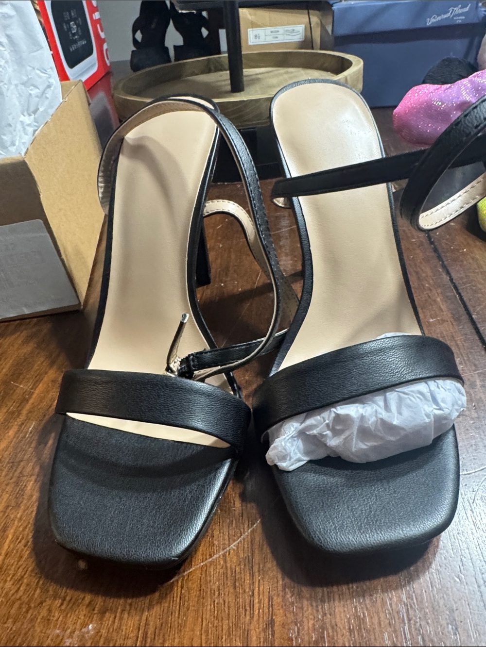Classic Black Strappy Square-Toe Heeled Sandals